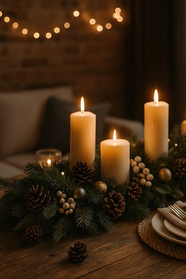 Christmas dining table with candle centerpiece, greenery, pinecones, and gold accents under warm fai