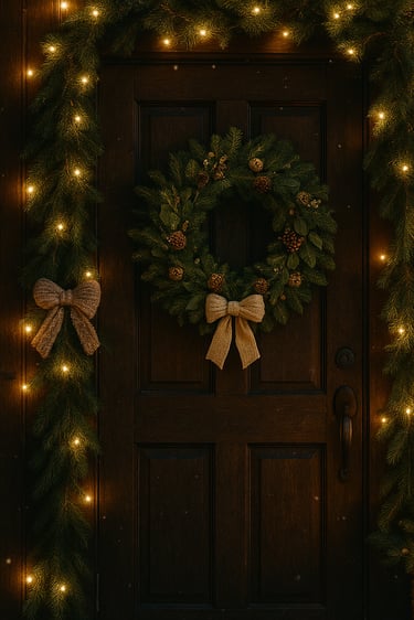Elegant Christmas doorway with gold-accented wreath, garland lights, and glowing candles in the wind