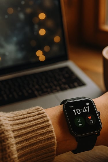 Amazfit Bip 6 smartwatch on wrist beside laptop and cup of cocoa with snowy window view.