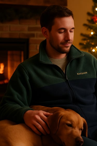 Man wearing Columbia fleece jacket sitting by fireplace with dog beside him and Christmas tree