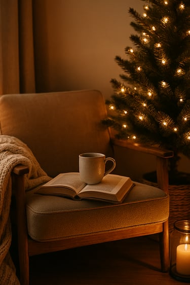 Cozy Christmas reading nook with armchair, blanket, book, candles, and small lit tree.