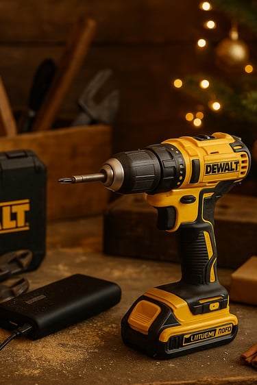 DeWalt cordless drill on workshop bench with tools, sawdust, and subtle Christmas decorations.