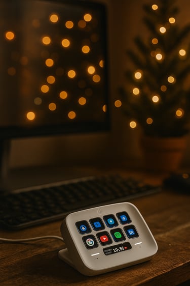 Modern home office setup with computer, webcam, and Elgato Stream Deck Neo on wooden desk with warm