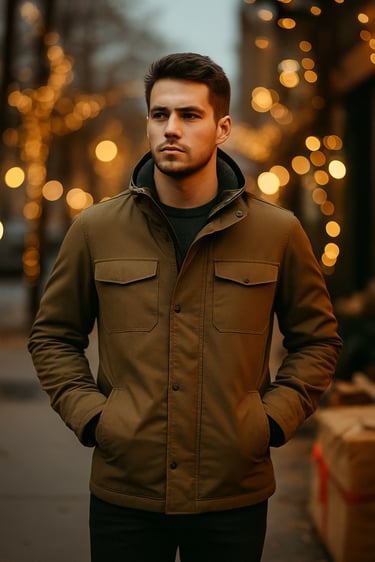 Man wearing brown Lambretta-style jacket on winter street with twinkle lights and blurred background