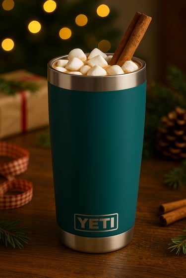 Tall Yeti tumbler without handle filled with cocoa, marshmallows, and cinnamon stick on wooden table