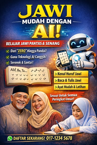 Poster of a Jawi AI learning app with a robot, elderly couple, and child studying the Jawi alphabet.