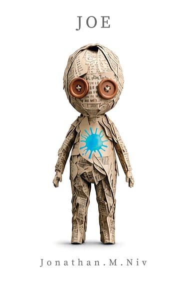 Cover of Joe by Jonathan M. Niv, showing a small newspaper boy with button eyes and a blue splash on