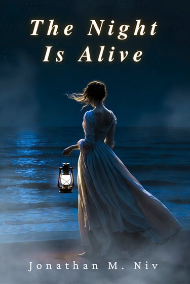 Woman in a flowing dress standing by the sea at night, holding a lantern as wind moves through her h