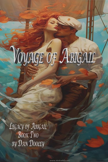 Book cover for Voyage of Abigail by Dan Dooley featuring a romantic couple on a boat at sea.