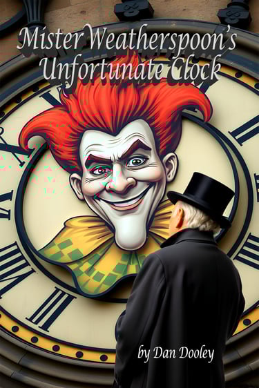 Mister Weatherspoon's Unfortunate Clock book cover featuring a man in a top hat facing a giant clock with a jester face.