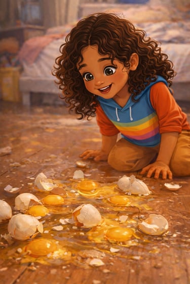 Curious autistic girl looking at broken eggs on the floor during a sensory exploration moment