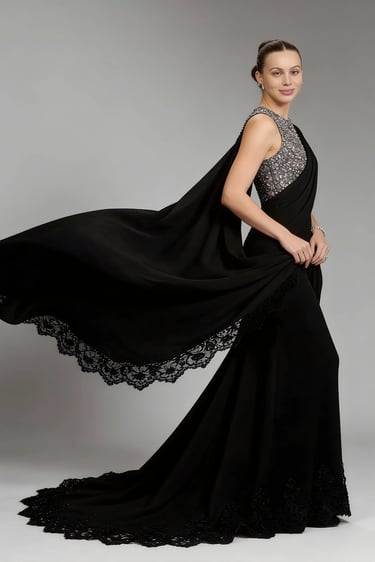 Black Italian Crepe Draped Gown