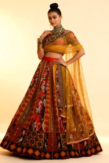 Geru Grid Lehenga