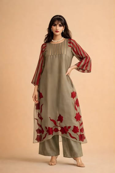 Organza Patch Stripe Kurta Set