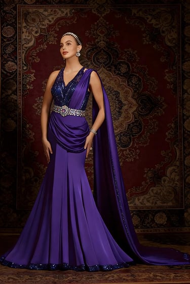 Royal Blue Satin Saree Gown