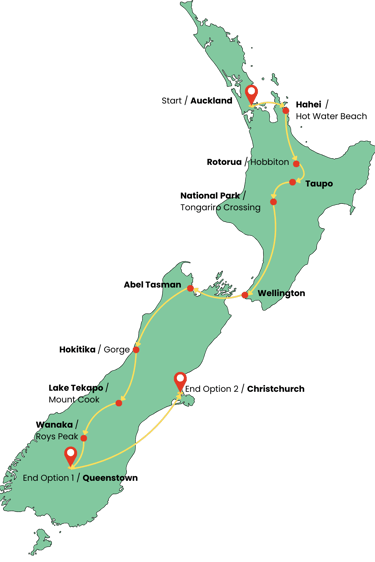 a map of new zealand showing the itinerary route of this tour