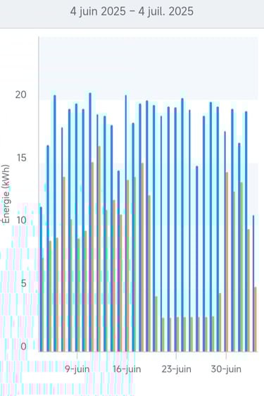 Graphique de la production et de la consommation d’électricité solaire à Villeneuve (04) du 4 juin au 4 juillet 2025.