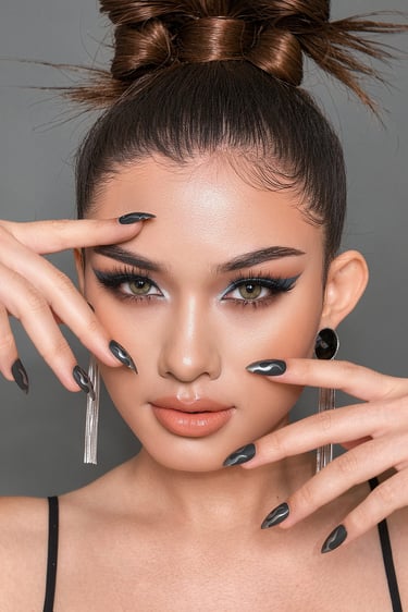 Portrait of a woman with winged eyeliner, long black stiletto nails, and a stylish high bun hairstyle.