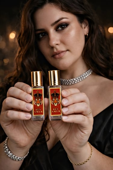 Woman holding REYAMUR extrait de parfum luxury bottle