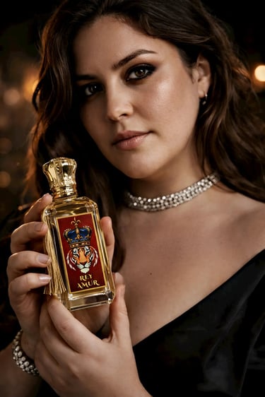 Luxury perfume Canada REYAMUR extrait de parfum bottle with model in a luxury evening setting