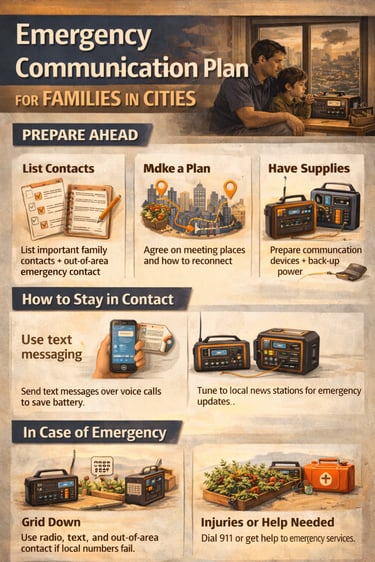 family emergency communication plan infographic showing how to stay connected and coordinate during crisis situations
