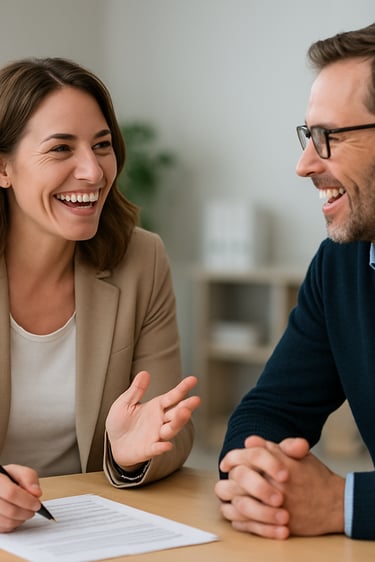 Healthcare consultant reviewing care facility data with staff in a bright meeting room.