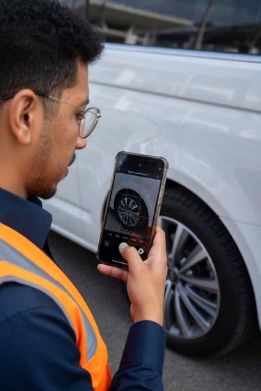 Convoyeur réalisant un état des lieux numérique sur tablette avant un transport à Toulouse.