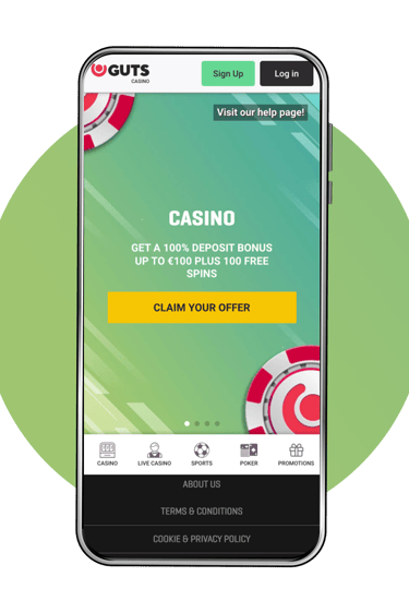 Guts mobile promo screen—green “Casino” welcome offer with yellow ‘Claim your offer’ CTA and bottom