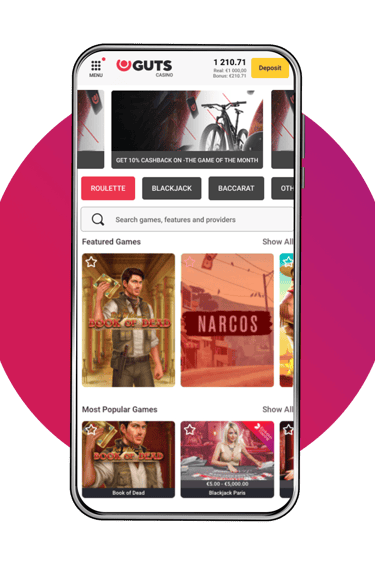 Guts mobile casino—banner carousel, category chips, search bar, featured games grid, Deposit button