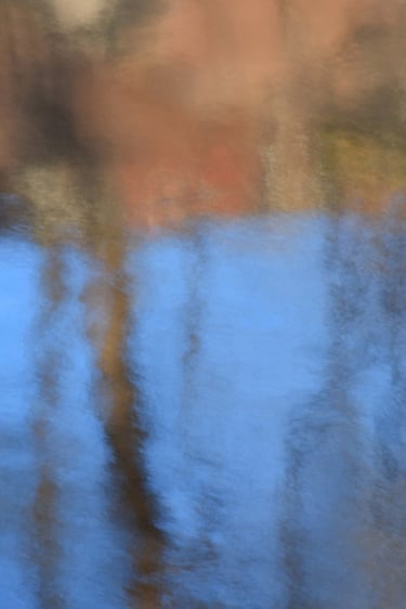 painterly image by a canal with trees reflections and