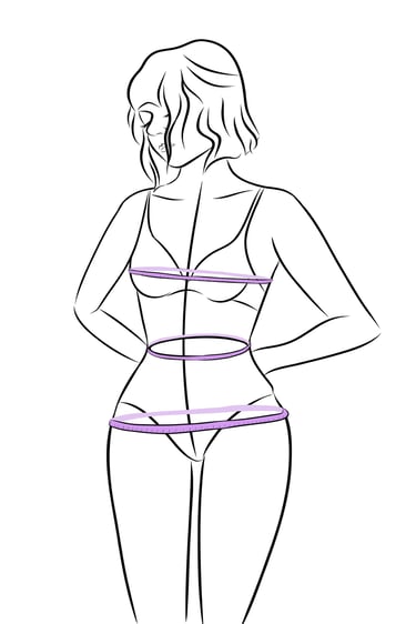drawing of measurement guide dress sizing, bust, waist and hip.