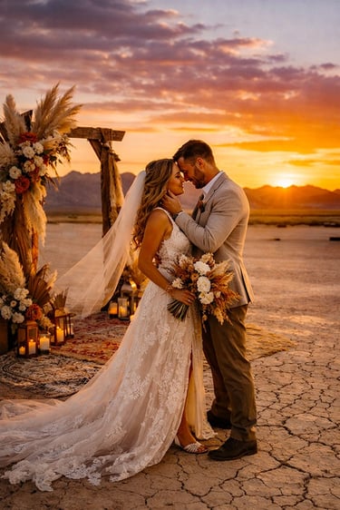 A bride and groom embrace during a desert wedding ceremony at sunset with a floral arch.