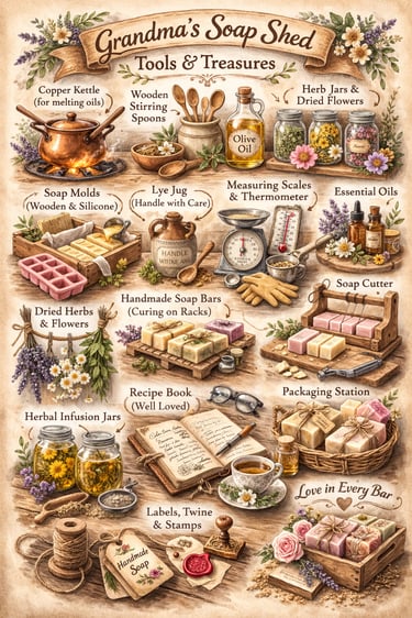 Vintage-style illustration of handmade soap making supplies including essential oils, herbs, and wooden tools.