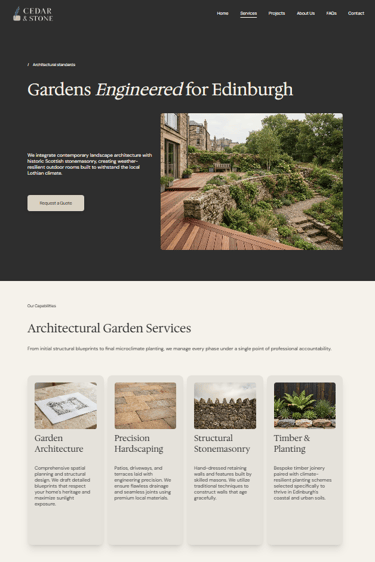 Professional landscape architecture website showcasing garden design, stonemasonry, and hardscaping services in Edinburgh.