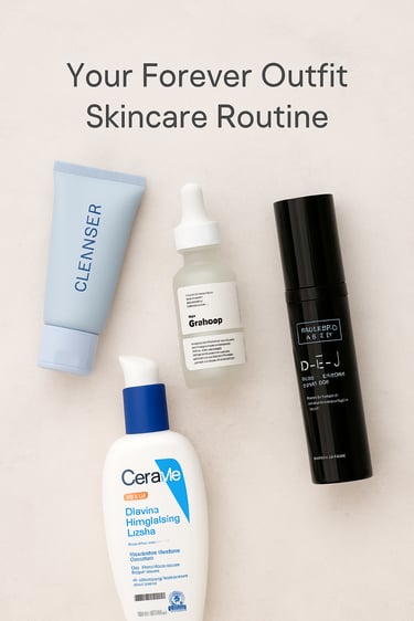 “Flatlay of morning skincare routine products including cleanser, serum, DEJ boosting serum, and Cer