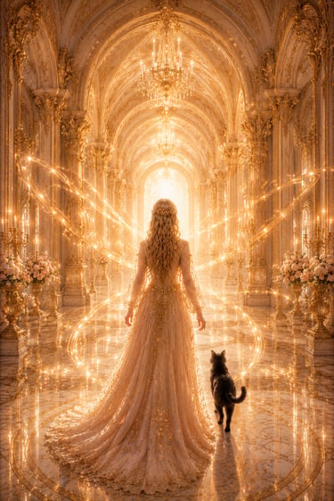 blonde woman walking with a black cat to her right inside a golden regal hall with ribons of light around her