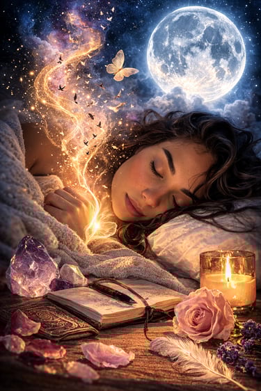 Woman sleeping peacefully under a moonlit sky with golden dream energy flowing from her heart, chakr