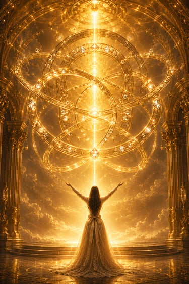 brunette woman with long yellow dress and arms stretched out and up looking at interlocking rings in a golden altar
