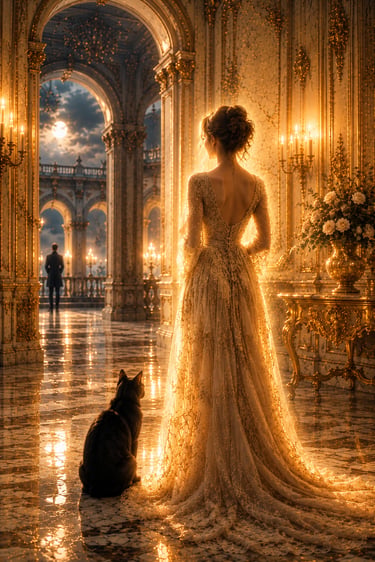 elegant woman in a golden hallway with candles rococo furniture and black cat to her left and full moon
