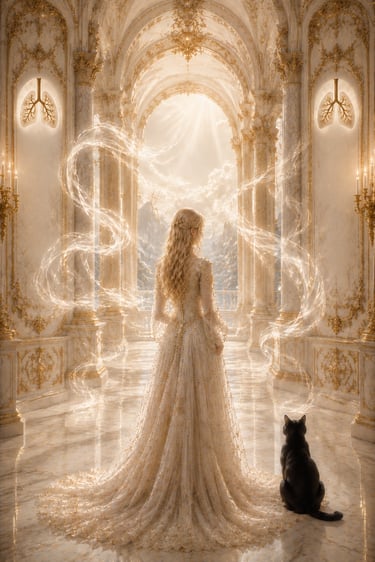 blonde woman in a rococo hall with golden ribbond of light between her and lung symbols on walls black cat to her right