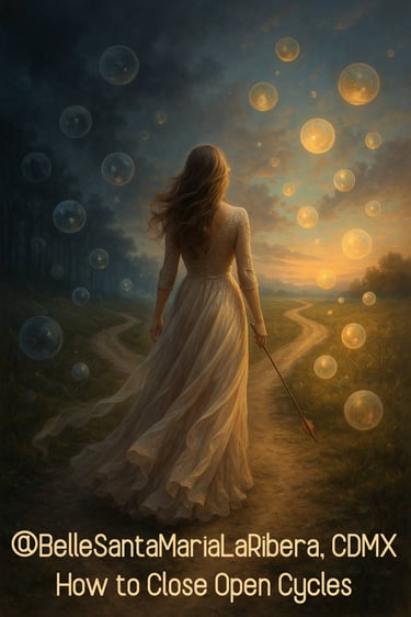 transparent orbs showing glimpses of happiness and challenges, symbolizing energetic cycles and life