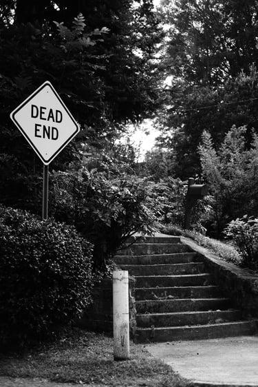 A black and white photo of a dead end road sign next to stone steps leading into a wooded area.