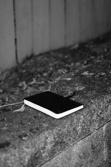 A black pocket notebook lies on a textured stone wall in a black and white outdoor setting.