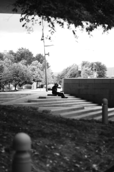 Black and white urban landscape of a person sitting on concrete stairs under a bridge in a city park.
