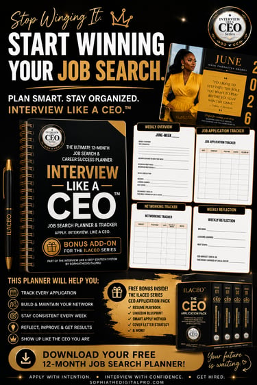 Job search planner and tracker notebook with networking logs and career success application tools.