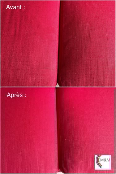 Nettoyage en profondeur assise de canapé rouge avec shampouineuse m&m services pro rouen
