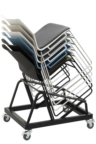 Stackable chairs on a mobile trolley for easy transport and storage