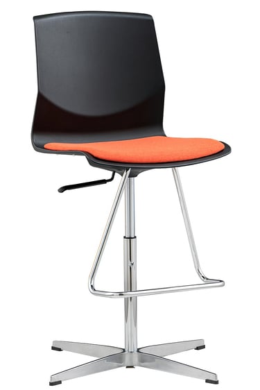 Black and orange counter chair with swivel chrome base and footrest
