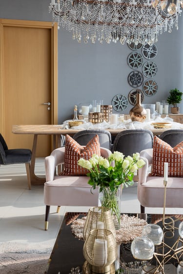a living room with a chandelier and a chandelier,  interior design