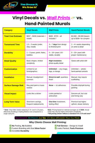 Price comparison chart showing cost, quality, and durability differences between vinyl decals, hand-